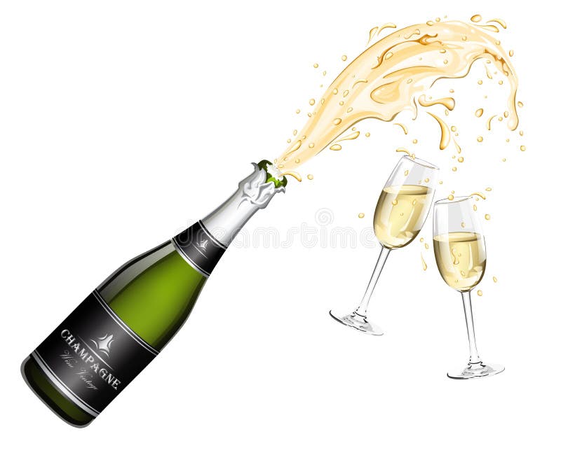 Bottle of Champagne Explosion and Two Glasses Stock Vector