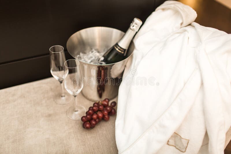 Bottle of Champagne and Glasses in Hotel Room Stock Image Image of