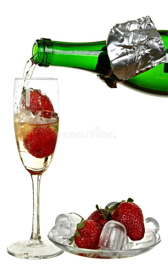 Bottle of champagne, wine, strawberry and ice