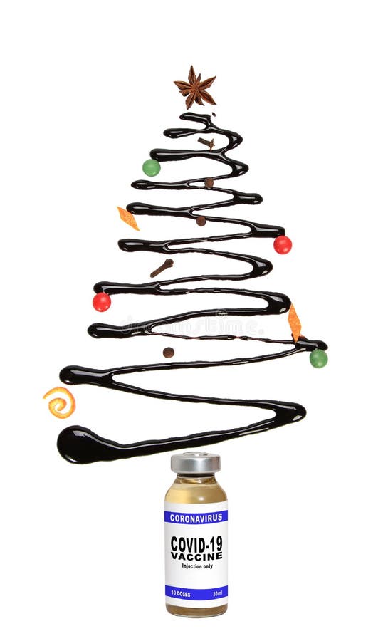 Bottle of COVID19 Vaccine with a Christmas Tree Isolated on a White Background Stock Image