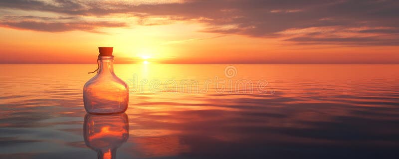 Bottle floating on calm ocean at sunset, peaceful reflection concept stock image
