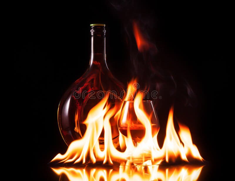 Bottle and Glass of Wine in Fire Flame Stock Image Image of bocal