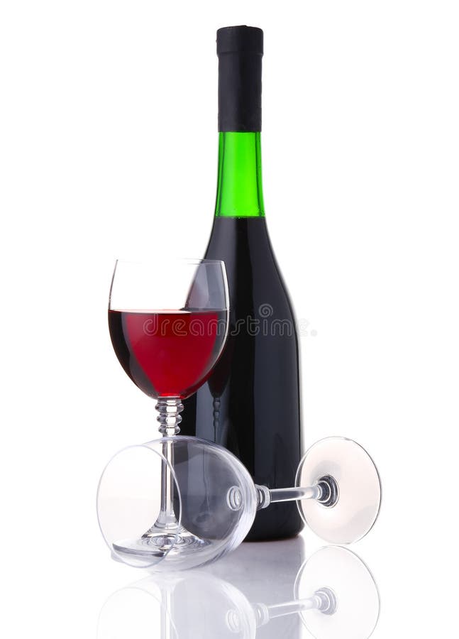Bottle and glass of red wine isolated on white