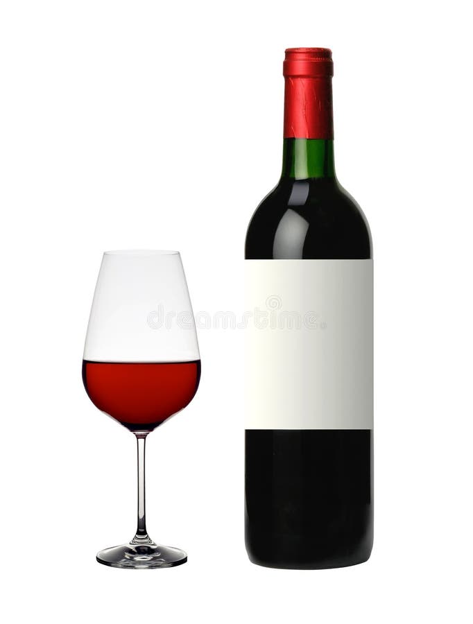 Bottle and glass of red wine isolated on white