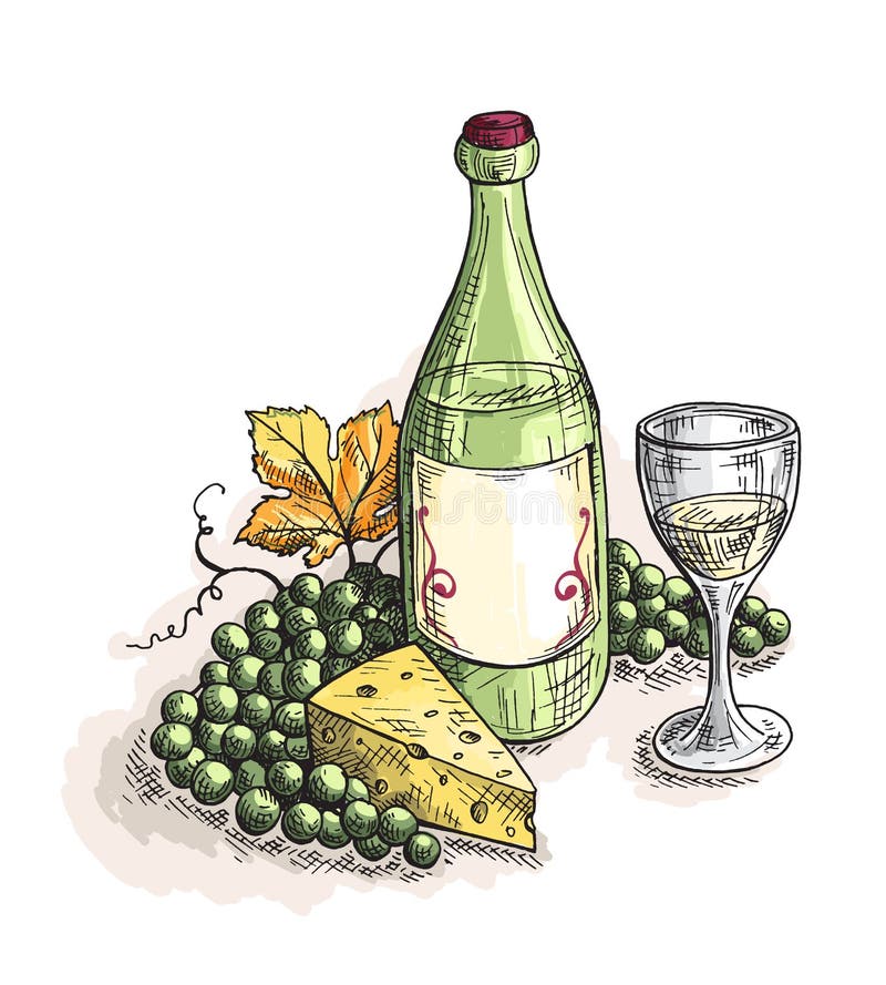 Bottle and glass of wine, grapes cheese isolated on white stock illustration Bottle and glass of wine, grapes cheese isolated on white stock illustration