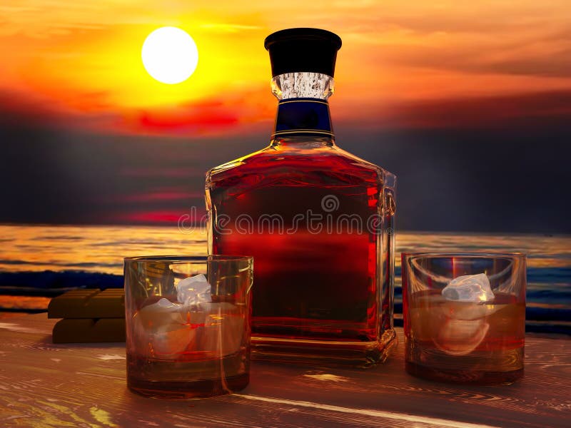 Bottle and glasses on  table,  rum in transparent bottle, wooden background