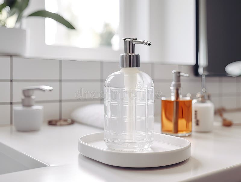 Bottle of Hand Soap in a White Modern Bathroom Stock Illustration