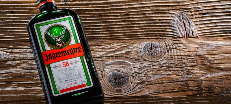 Zagreb Croatia April 2015 Bottle Jagermeister Wooden Table Green Background  – Stock Editorial Photo © Dariozg #271603630