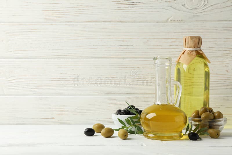 Bottle and Jug with Olive Oil on Background with Olives, Space for Text  Stock Image - Image of diet, condiment: 169308615