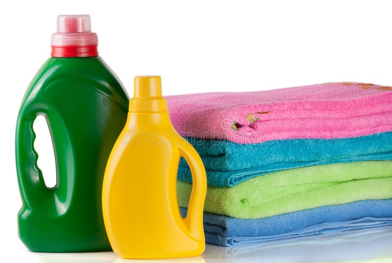 Bottle Laundry Detergent and Conditioner with Towels Isolated on White