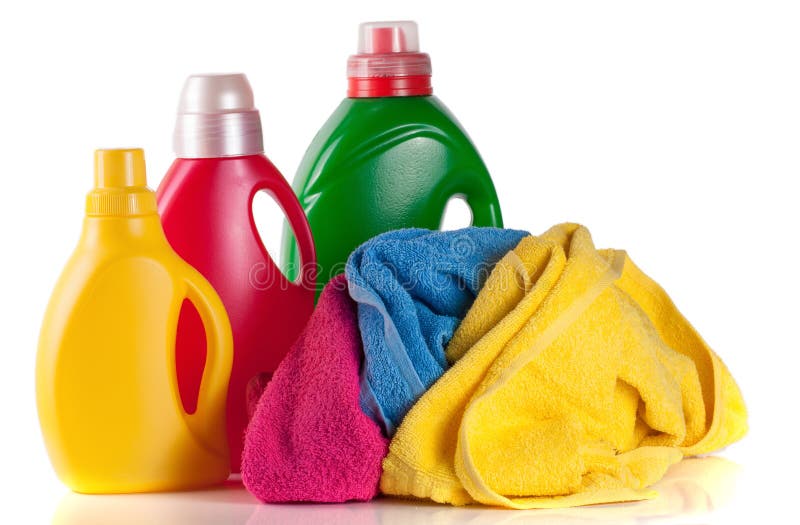 Bottle Laundry Detergent and Conditioner with Towels Isolated on White