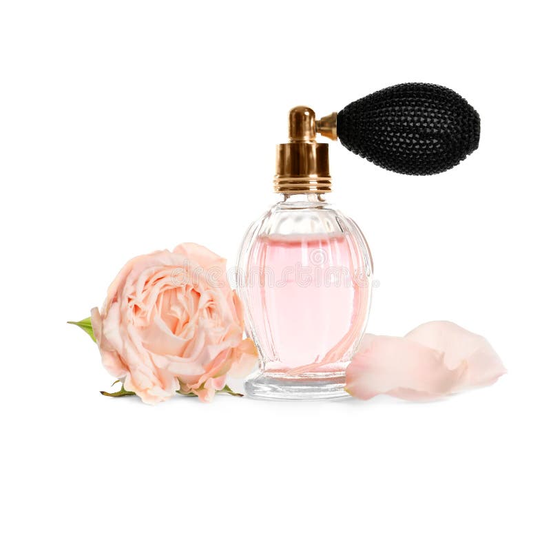 Women's Flower Perfume In Beautiful Bottle Isolated On White Stock