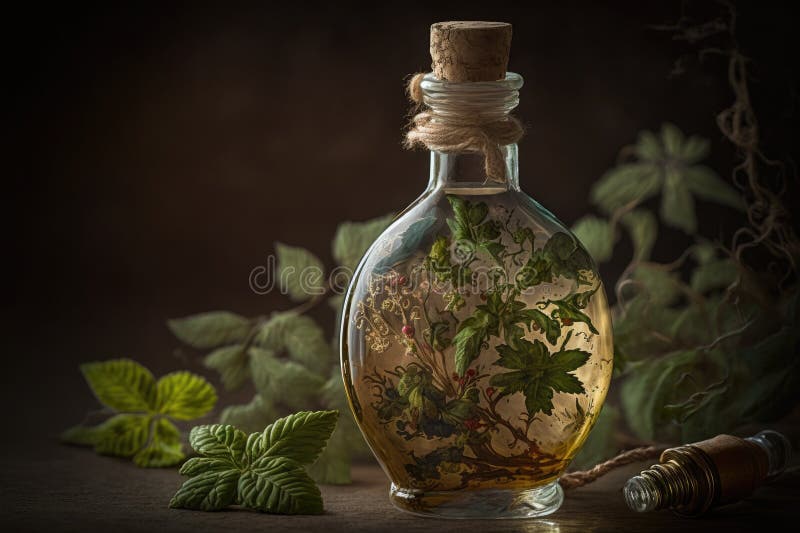 Bottle of Medicinal Oil with Fresh Herbs Stock Illustration