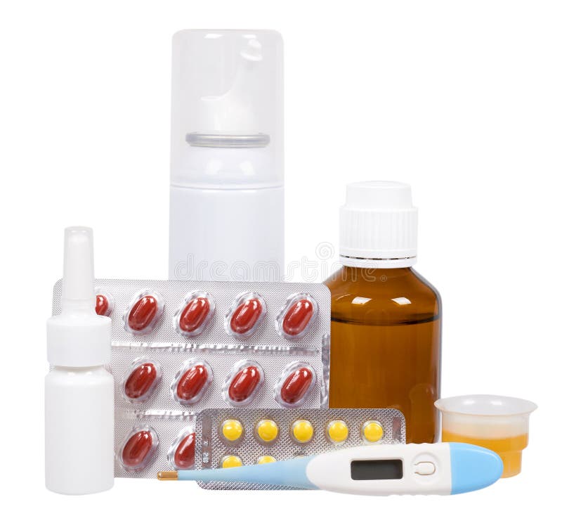 Bottle with medicine, nasal spray. Antipyretic syrup and pills. Medication for cold treatment