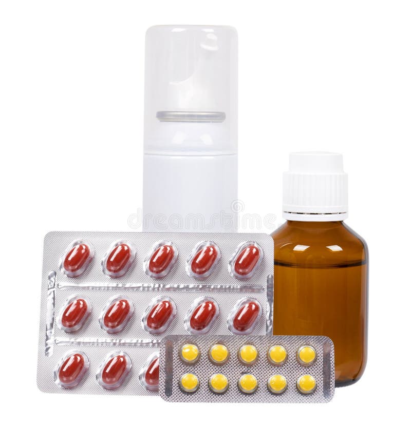 Bottle with medicine, nasal spray. Antipyretic syrup and pills. Medication for cold treatment