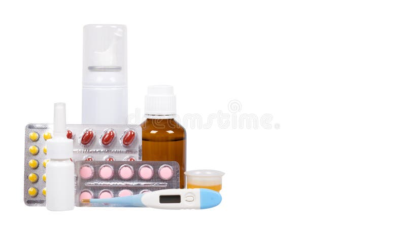 Bottle with medicine, nasal spray. Antipyretic syrup and pills. Medication for cold treatment