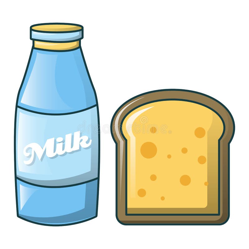 Bottle of milk and bread icon, cartoon style