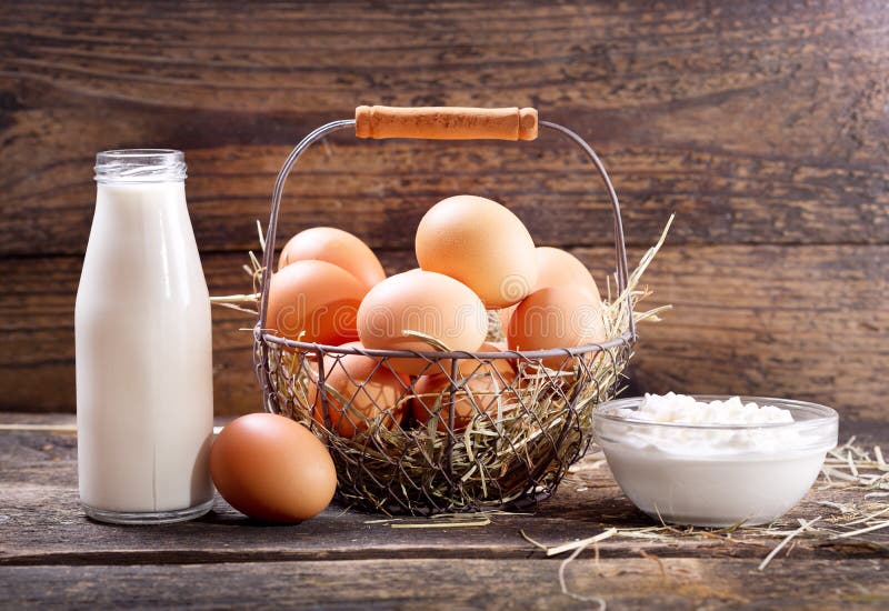 Bottle of milk, fresh eggs and bowl of cottage cheese royalty free stock photography