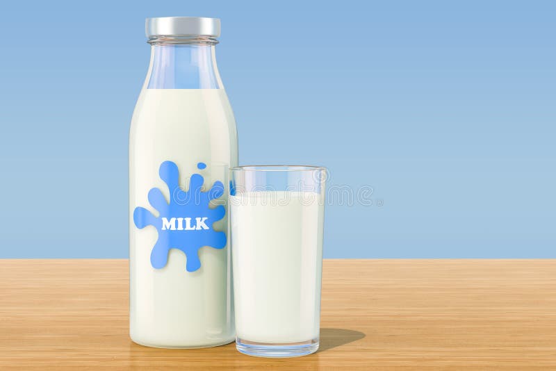 Bottle with milk and glass of milk on wooden table, 3D rendering. 