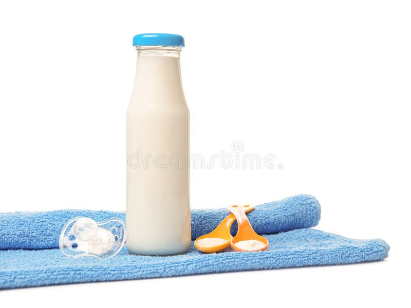 Bottle of Milk with Towel, Powder and Pacifier on White Background