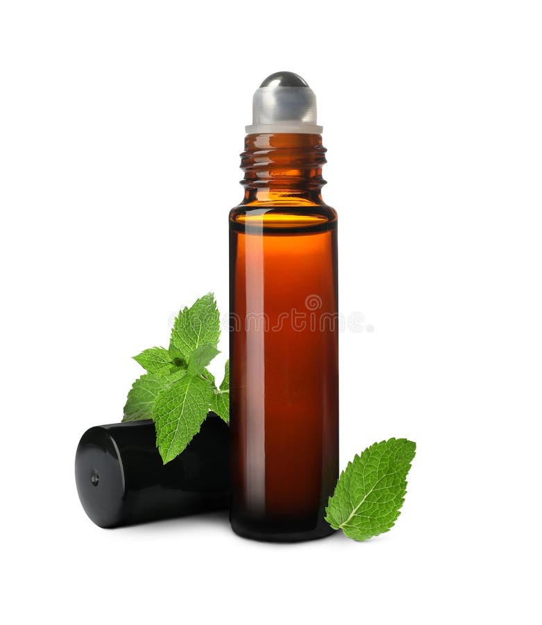 Bottle of Mint Essential Oil and Green Leaves on White Background Stock