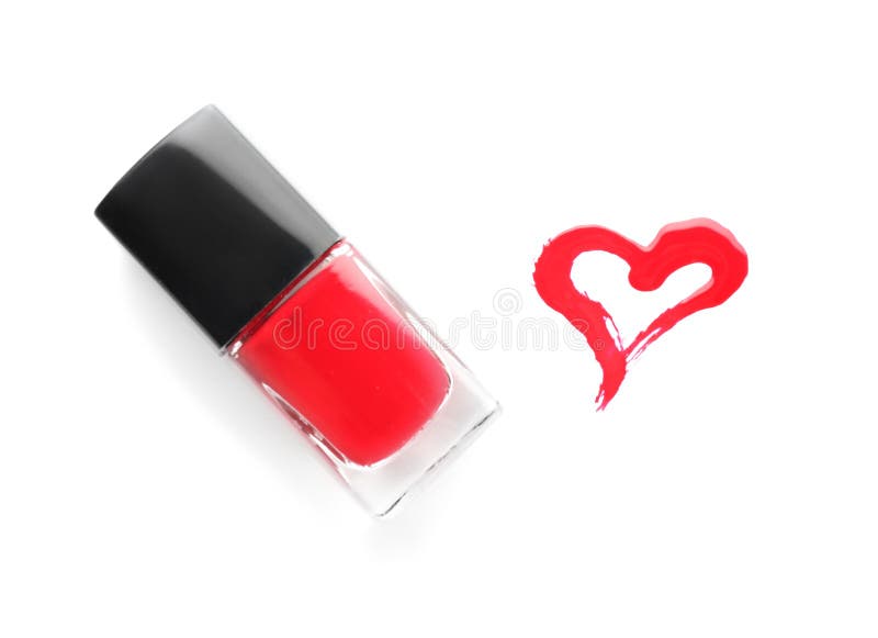 Bottle of Nail Polish with Drawn Heart on White Background Stock Photo