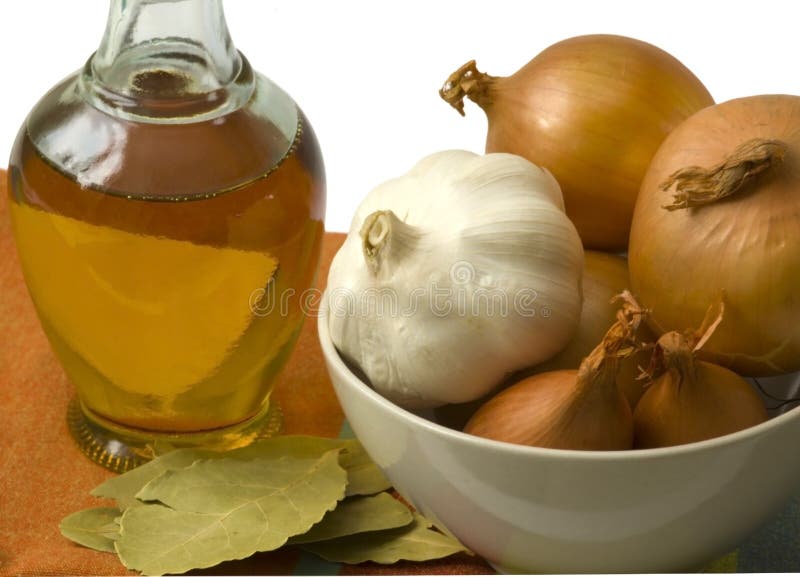 Bottle of Olive Oil with Onion and Garlic Stock Image Image of close