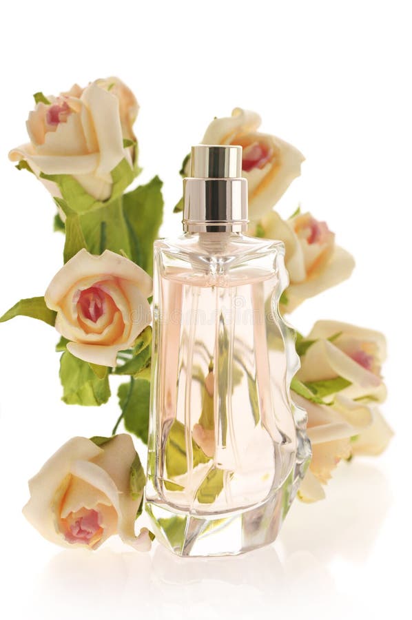 Green Glass Perfume Bottle and Pink Rose Stock Image Image of