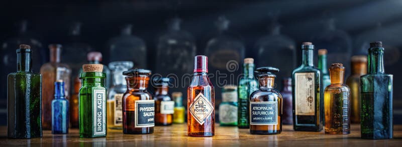 A bottle of poison on a background of old medical, chemistry and pharmacy glass. Chemistry and pharmacy history panoramic concept