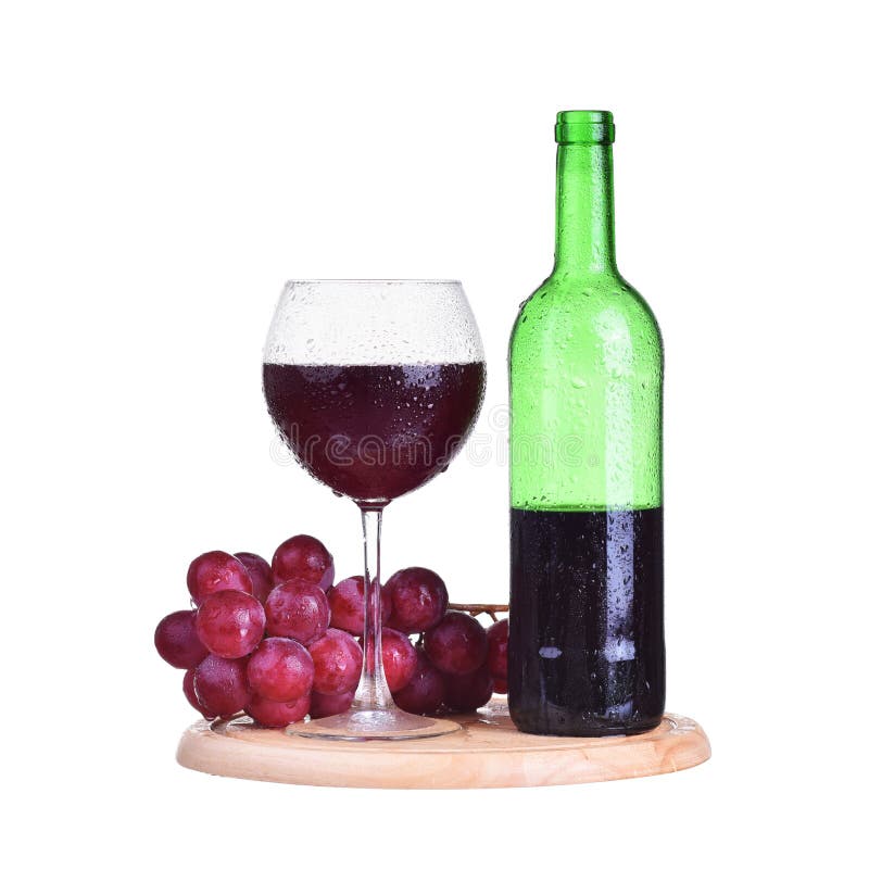 Bottle, red wine in glass with grapes isolated on white background