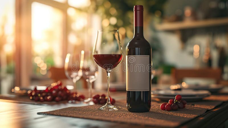 Bottle of red wine with mock-up label on an elegant dining table