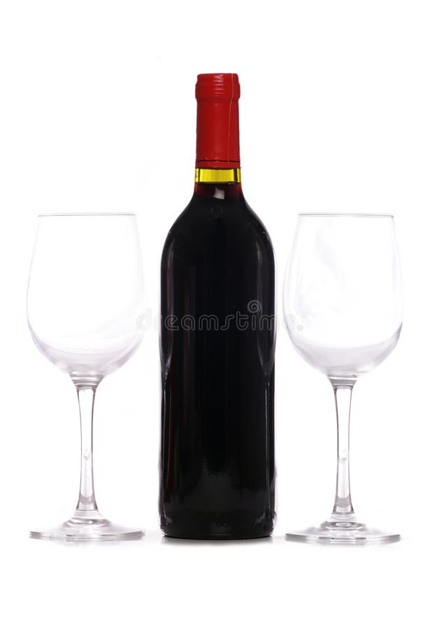 Bottle of red wine with two wine glasses