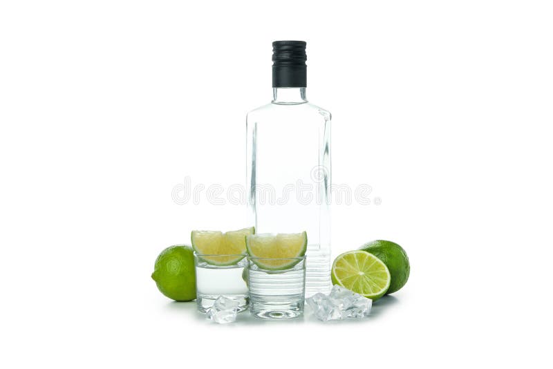 Bottle and Shots of Vodka, Lime and Ice Isolated on White Background