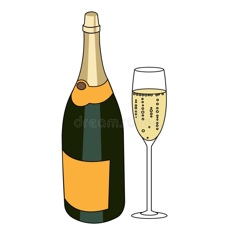 Bottle of a sparkling wine and glass of wine isolated vector illustration.