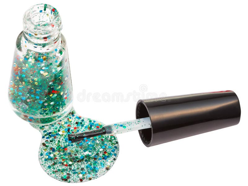 Bottle with spilled glitter nail polish isolated