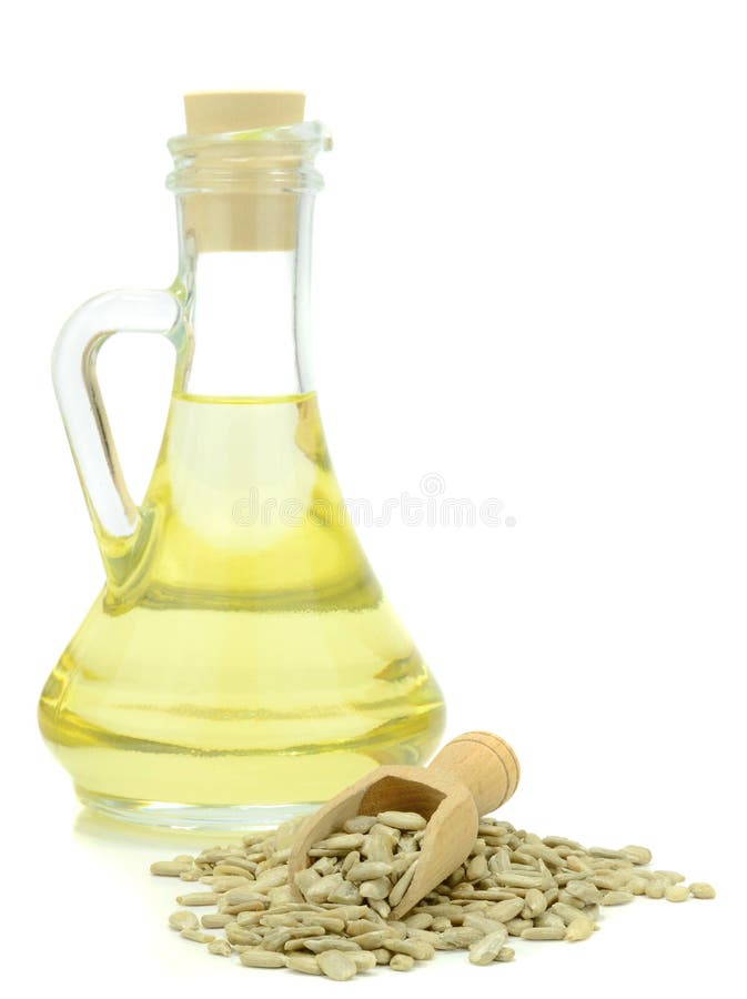Sunflower Cooking Oil, Seeds and Yellow Flowers on White Background