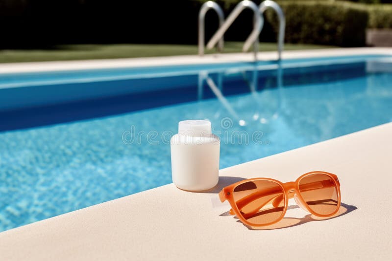 Bottle of Tan Cream, Sunglasses Near Swimming Pool. AI Generative Stock ...