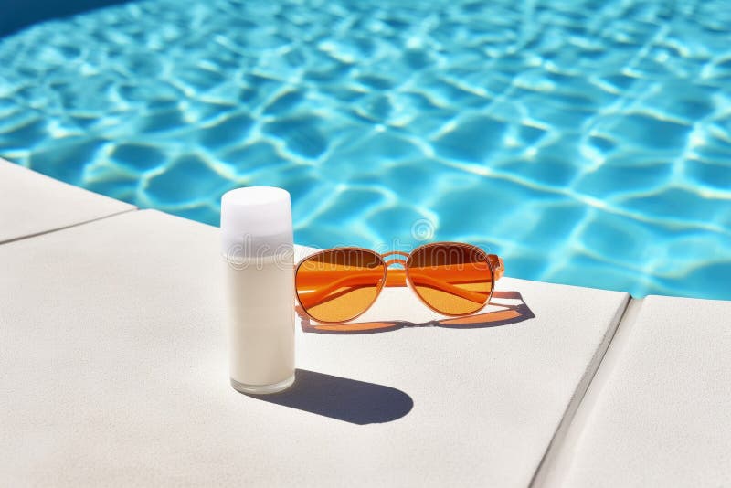 Bottle of Tan Cream, Sunglasses Near Swimming Pool. AI Generative Stock ...