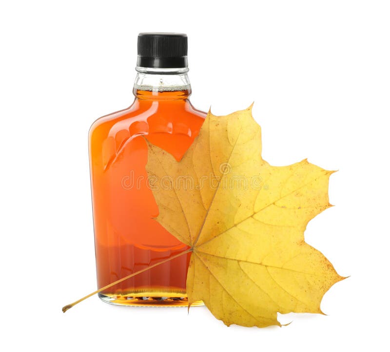 Bottle of Tasty Maple Syrup and Dry Leaf on White Background Stock Image Image of nutrient