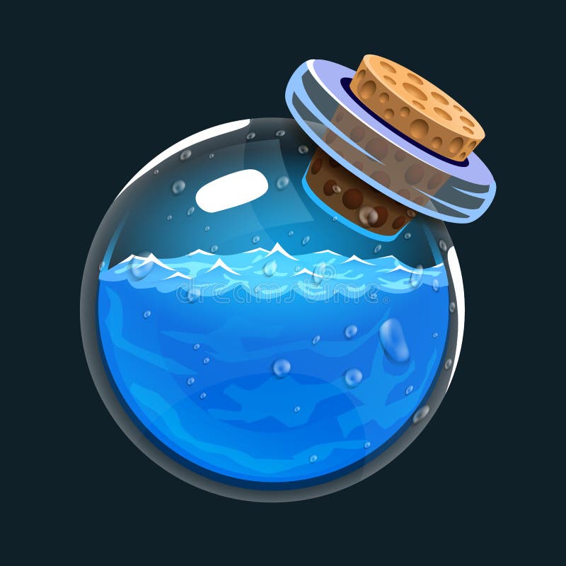 Bottle of water. Game icon of magic elixir. Interface for rpg or match3 game. Water or mana. Big variant. vector illustration