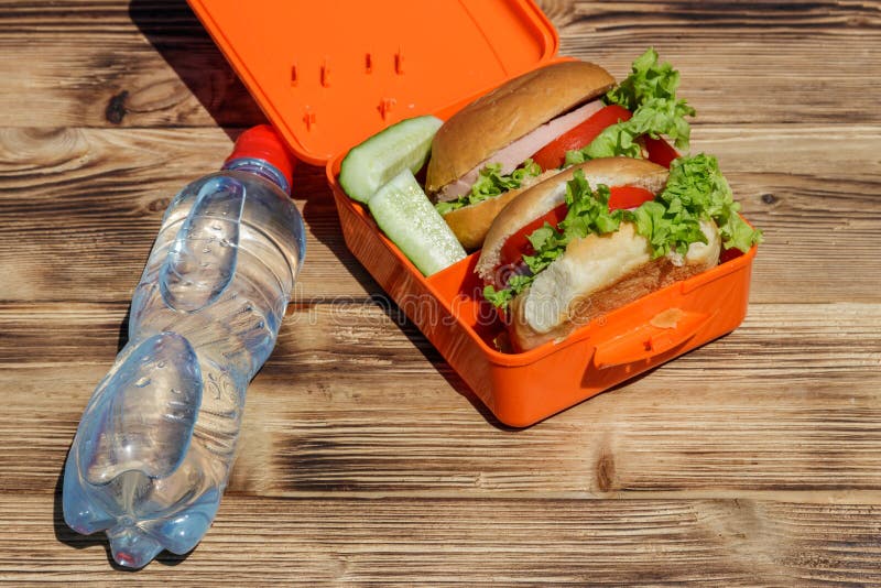 Bottle of Water and School Lunch Box Stock Photo - Image of fast