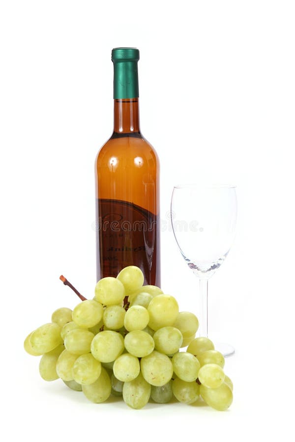 Bottle of white wine and glass with grapes