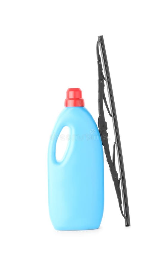 Bottle of Windshield Washer Fluid and Wiper on White Background Stock