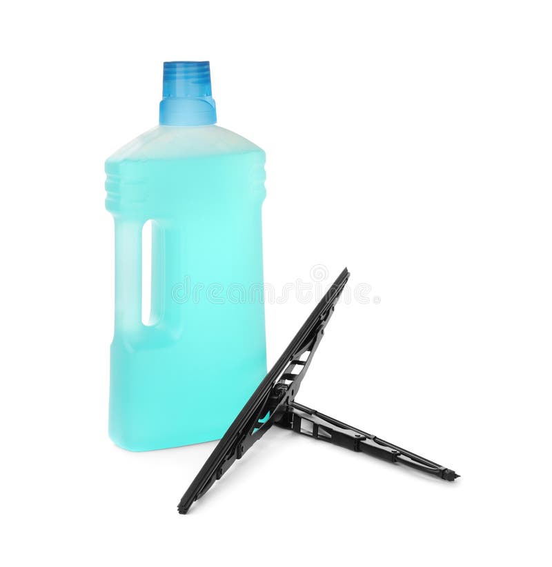Bottle of Windshield Washer Fluid and Wipers on White Background Stock