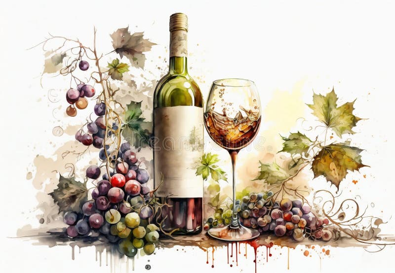 Bottle of Wine and Grapes. a Painting of a Bottle of Wine and a Glass