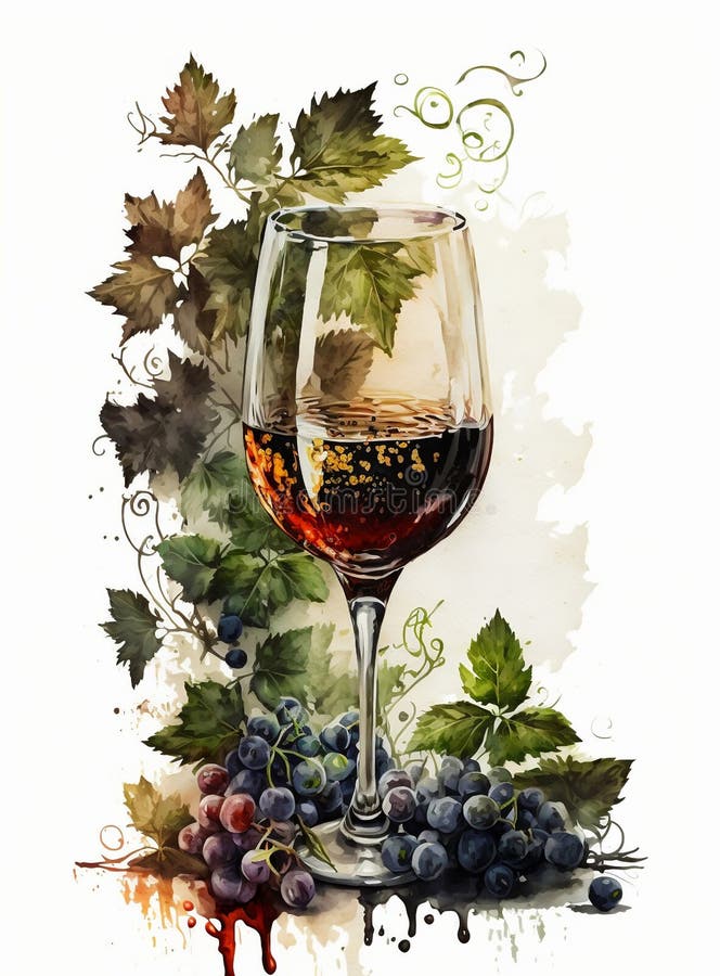 Bottle of Wine and Grapes. a Painting of a Bottle of Wine and a Glass