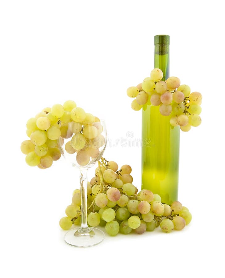 Bottle of wine and white grapes