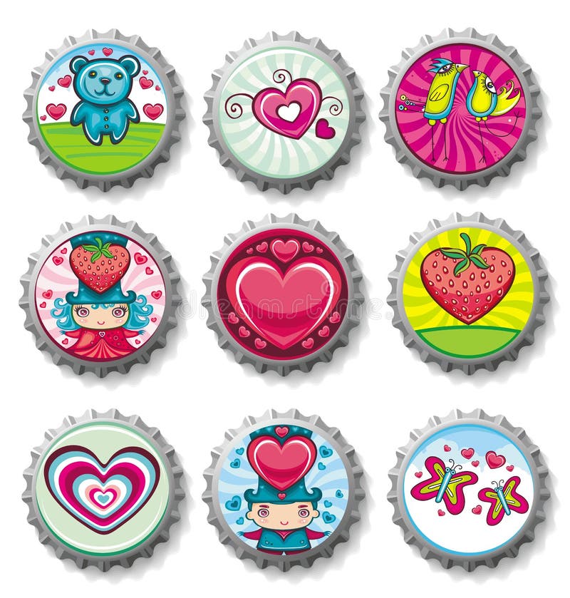 Bottlecaps del día de tarjeta del día de San Valentín - iconos ilustración del vector Bottlecaps del día de tarjeta del día de San Valentín - iconos ilustración del vector