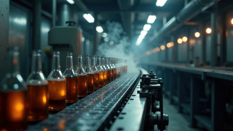 Bottled beverage production line a glimpse into automated manufacturing and quality control. Generative AI royalty free illustration
