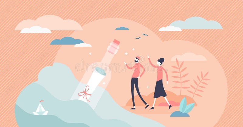 Bottled message vector illustration. Old knowledge flat tiny persons concept stock illustration